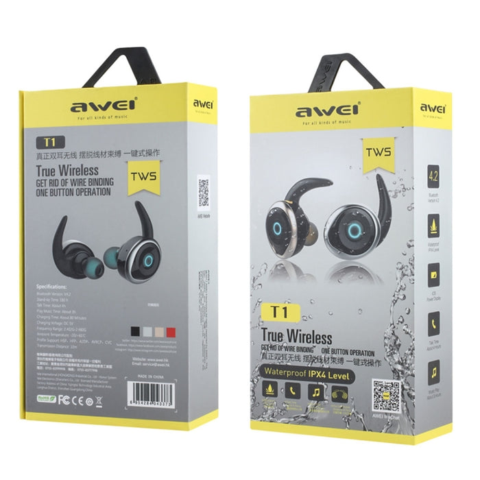 AWEI T1 Auriculares deportivos IPX4 Auriculares estéreo inalámbricos Bluetooth V4.2 a prueba de agua, soporte TWS