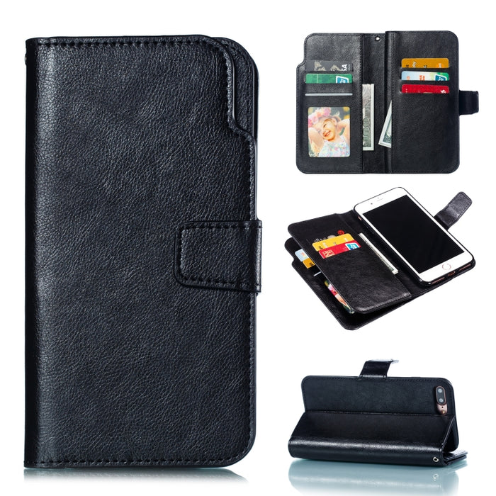 Funda de cuero con tapa horizontal con textura Litchi para iPhone 7 Plus, con nueve ranuras para tarjetas, billetera y marco de fotos