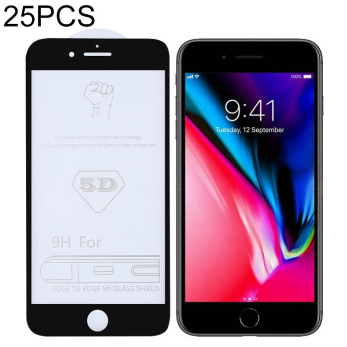 Película de vidrio templado de pantalla completa con pegamento completo 25 PCS 9H 5D para iPhone 7 Plus / 8 Plus