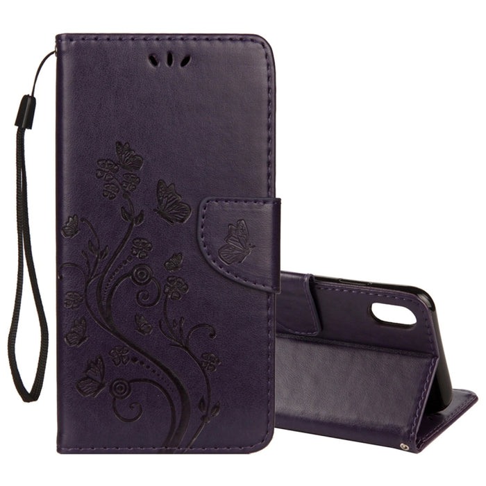 Para iPhone XR Funda de cuero con tapa horizontal con patrón de mariposa en relieve con ranura para tarjeta, soporte, billetera y cordón