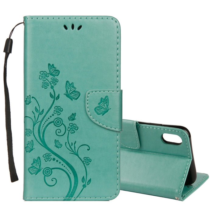 Para iPhone XR Funda de cuero con tapa horizontal con patrón de mariposa en relieve con ranura para tarjeta, soporte, billetera y cordón