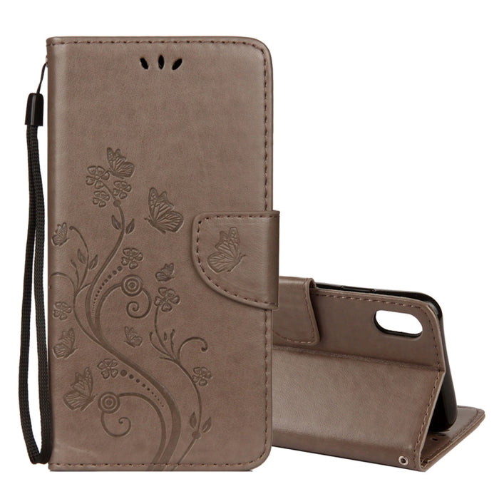 Para iPhone XR Funda de cuero con tapa horizontal con patrón de mariposa en relieve con ranura para tarjeta, soporte, billetera y cordón