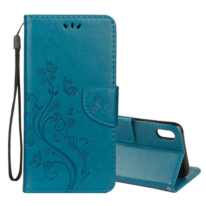 Para iPhone XR Funda de cuero con tapa horizontal con patrón de mariposa en relieve con ranura para tarjeta, soporte, billetera y cordón