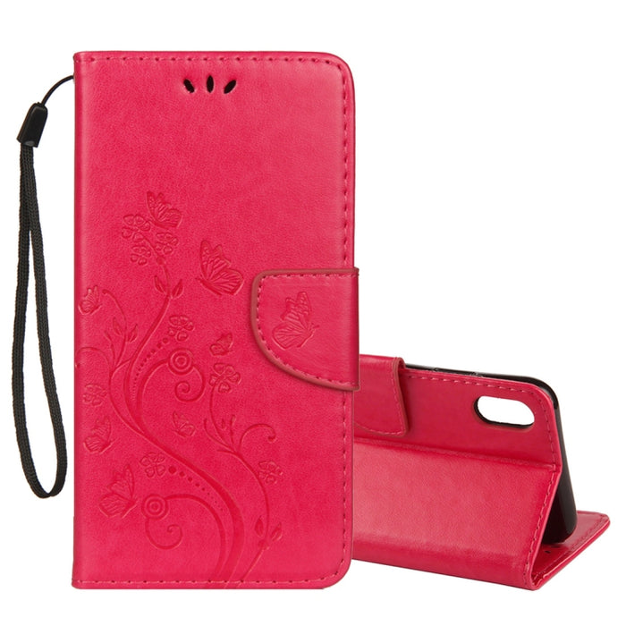 Para iPhone XR Funda de cuero con tapa horizontal con patrón de mariposa en relieve con ranura para tarjeta, soporte, billetera y cordón
