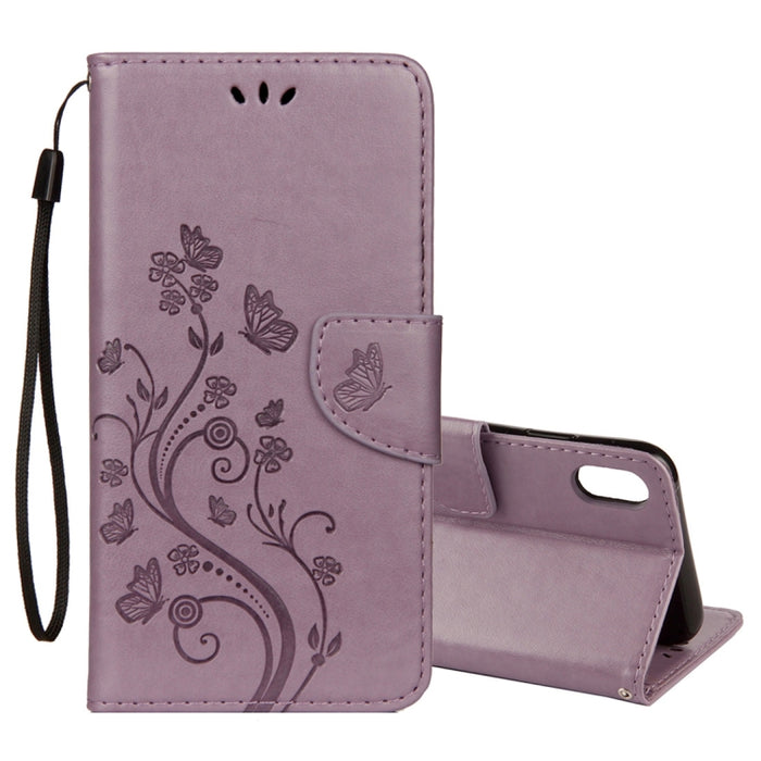 Para iPhone XR Funda de cuero con tapa horizontal con patrón de mariposa en relieve con ranura para tarjeta, soporte, billetera y cordón