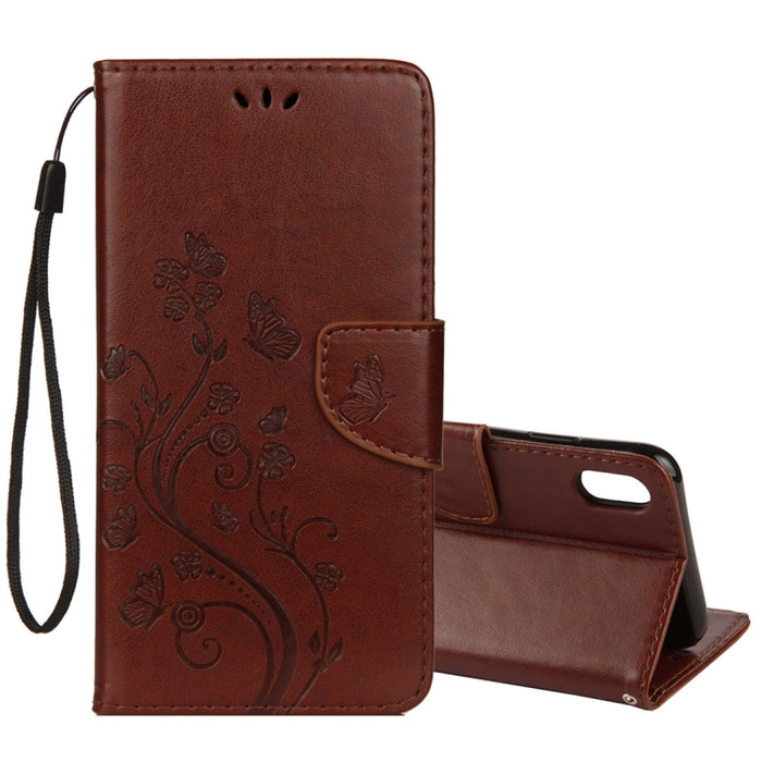 Para iPhone XR Funda de cuero con tapa horizontal con patrón de mariposa en relieve con ranura para tarjeta, soporte, billetera y cordón