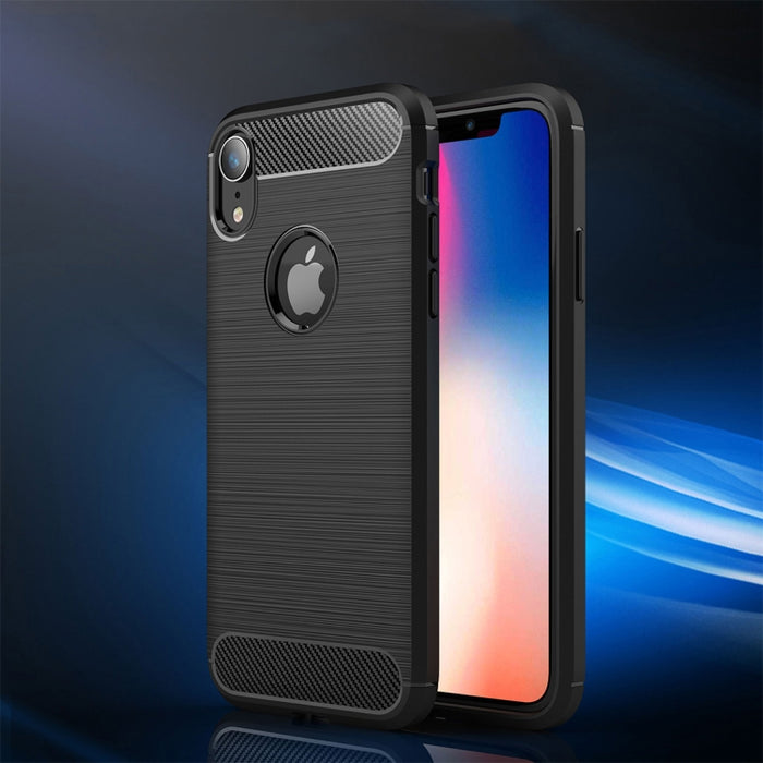 Para iPhone XR Funda protectora trasera de TPU a prueba de golpes de fibra de carbono con textura cepillada