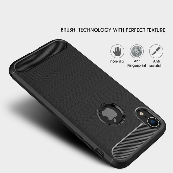 Para iPhone XR Funda protectora trasera de TPU a prueba de golpes de fibra de carbono con textura cepillada