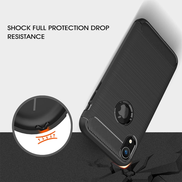 Para iPhone XR Funda protectora trasera de TPU a prueba de golpes de fibra de carbono con textura cepillada