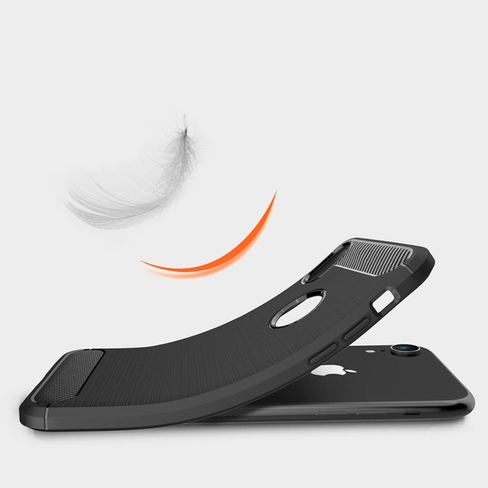 Para iPhone XR Funda protectora trasera de TPU a prueba de golpes de fibra de carbono con textura cepillada