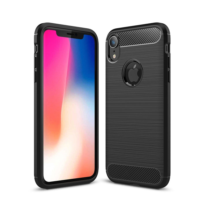 Para iPhone XR Funda protectora trasera de TPU a prueba de golpes de fibra de carbono con textura cepillada