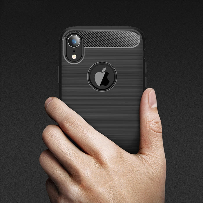Para iPhone XR Funda protectora trasera de TPU a prueba de golpes de fibra de carbono con textura cepillada