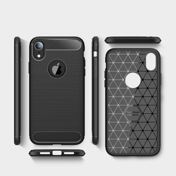 Para iPhone XR Funda protectora trasera de TPU a prueba de golpes de fibra de carbono con textura cepillada