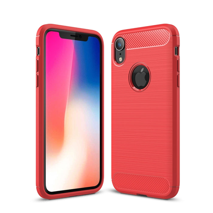 Para iPhone XR Funda protectora trasera de TPU a prueba de golpes de fibra de carbono con textura cepillada