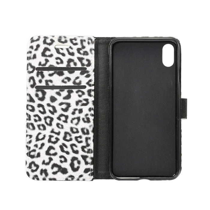 Para iPhone XR Funda de cuero con tapa horizontal con patrón de leopardo con soporte y ranuras para tarjetas