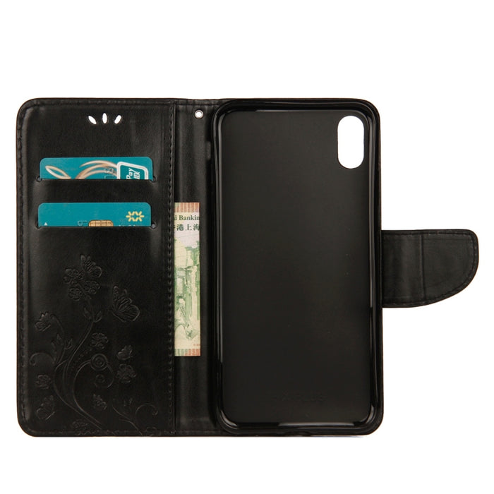 Para iPhone XS Max Funda de cuero con tapa horizontal con patrón de mariposa en relieve con ranura para tarjeta, soporte, billetera y cordón