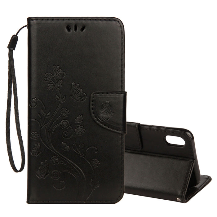 Para iPhone XS Max Funda de cuero con tapa horizontal con patrón de mariposa en relieve con ranura para tarjeta, soporte, billetera y cordón