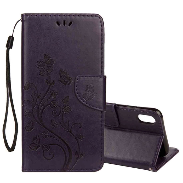 Para iPhone XS Max Funda de cuero con tapa horizontal con patrón de mariposa en relieve con ranura para tarjeta, soporte, billetera y cordón