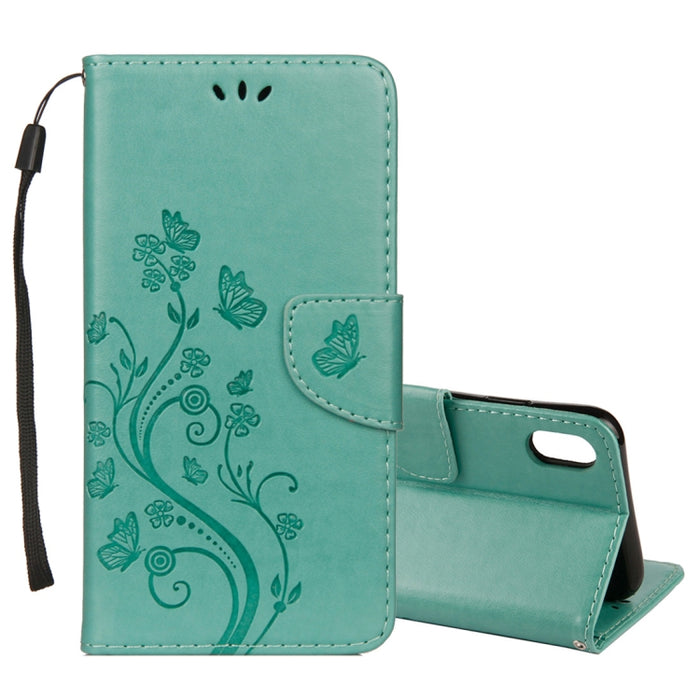 Para iPhone XS Max Funda de cuero con tapa horizontal con patrón de mariposa en relieve con ranura para tarjeta, soporte, billetera y cordón