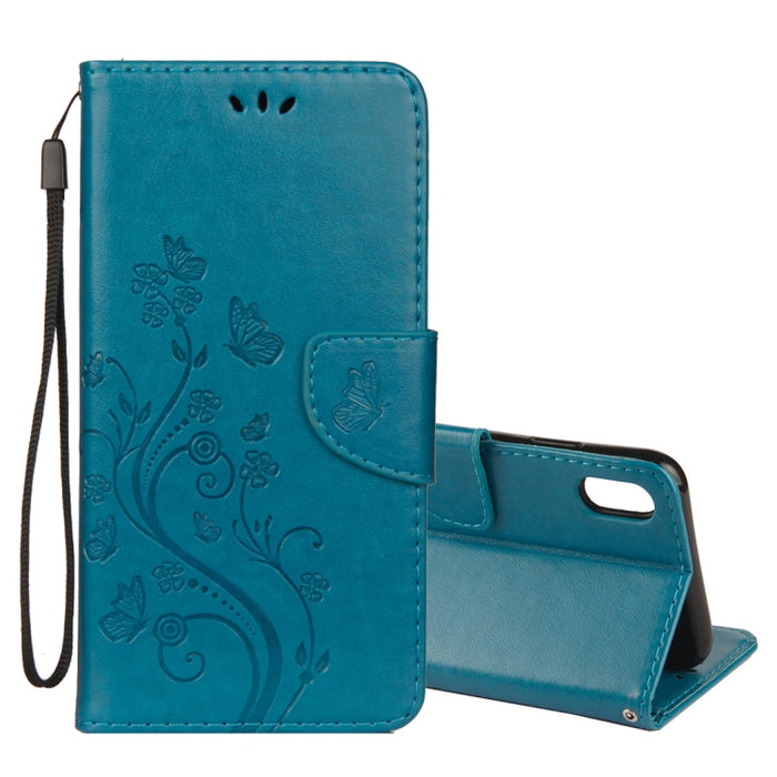 Para iPhone XS Max Funda de cuero con tapa horizontal con patrón de mariposa en relieve con ranura para tarjeta, soporte, billetera y cordón