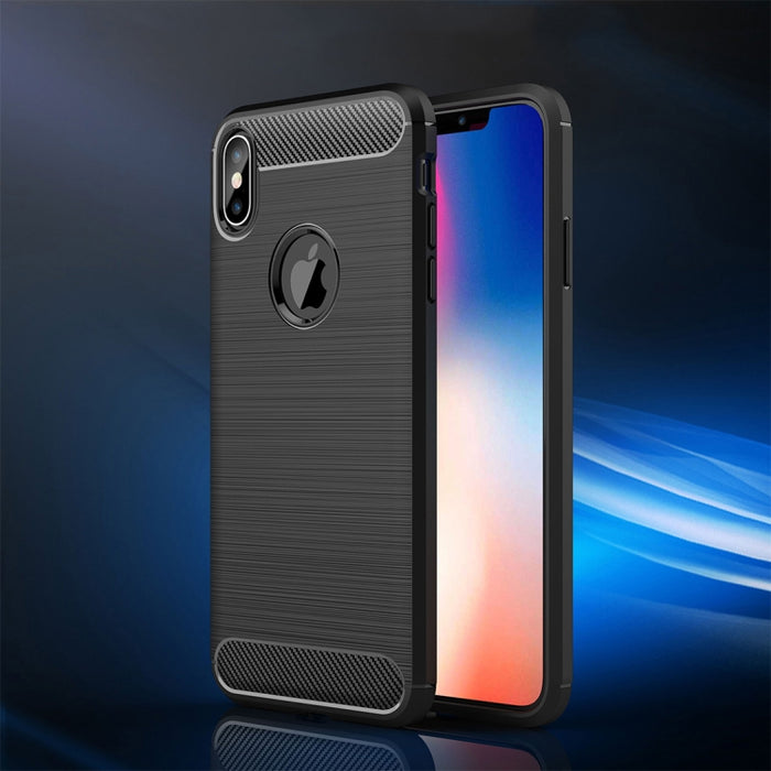 Para iPhone XS Max Funda protectora trasera de TPU a prueba de golpes de fibra de carbono con textura cepillada