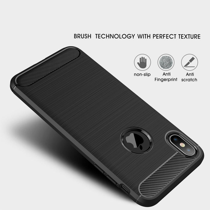 Para iPhone XS Max Funda protectora trasera de TPU a prueba de golpes de fibra de carbono con textura cepillada