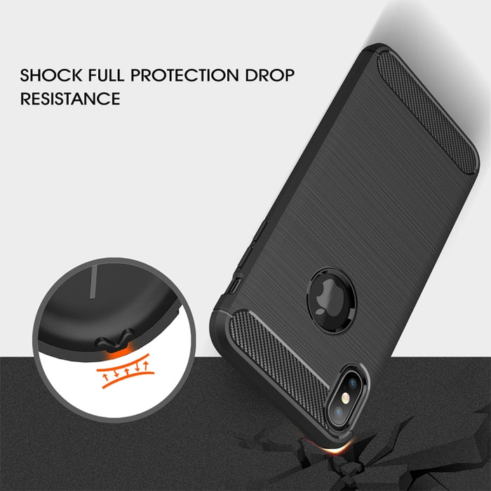 Para iPhone XS Max Funda protectora trasera de TPU a prueba de golpes de fibra de carbono con textura cepillada