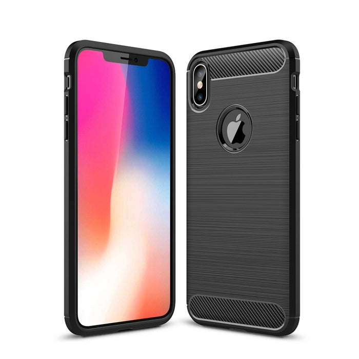 Para iPhone XS Max Funda protectora trasera de TPU a prueba de golpes de fibra de carbono con textura cepillada