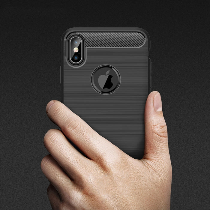 Para iPhone XS Max Funda protectora trasera de TPU a prueba de golpes de fibra de carbono con textura cepillada