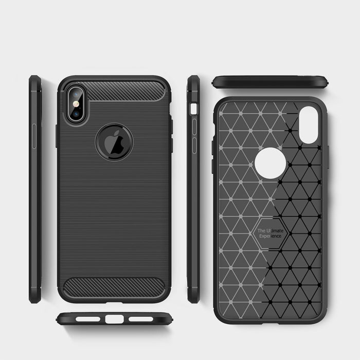 Para iPhone XS Max Funda protectora trasera de TPU a prueba de golpes de fibra de carbono con textura cepillada