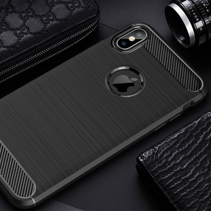Para iPhone XS Max Funda protectora trasera de TPU a prueba de golpes de fibra de carbono con textura cepillada