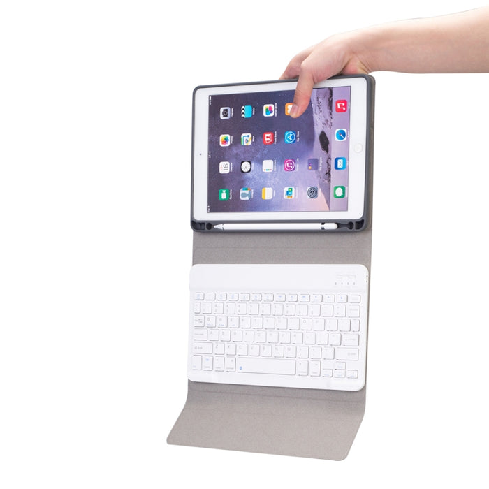 RK508 Para iPad Air 2 y Air 1 / Pro de 9,7 pulgadas y iPad 2017 y iPad 2018 Textura de seda Funda de cuero para tableta con teclado Bluetooth de plástico desmontable con función de soporte y ranura para bolígrafo
