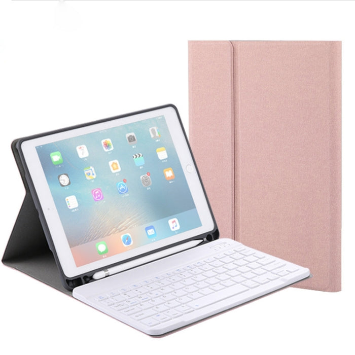 RK508 Para iPad Air 2 y Air 1 / Pro de 9,7 pulgadas y iPad 2017 y iPad 2018 Textura de seda Funda de cuero para tableta con teclado Bluetooth de plástico desmontable con función de soporte y ranura para bolígrafo