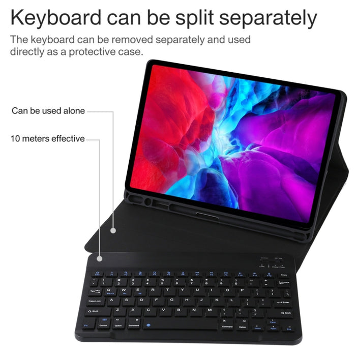 TG11B Teclado negro Bluetooth desmontable + Funda de cuero de microfibra para tableta para iPad Pro de 11 pulgadas (2020), con ranura para bolígrafo y soporte