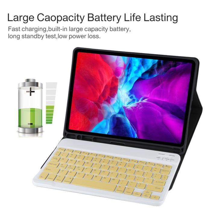 TG11B Teclado amarillo Bluetooth desmontable + Funda de cuero de microfibra para tableta para iPad Pro de 11 pulgadas (2020), con ranura para bolígrafo y soporte