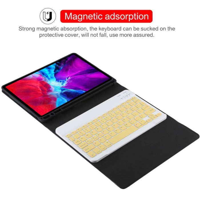 TG11B Teclado amarillo Bluetooth desmontable + Funda de cuero de microfibra para tableta para iPad Pro de 11 pulgadas (2020), con ranura para bolígrafo y soporte