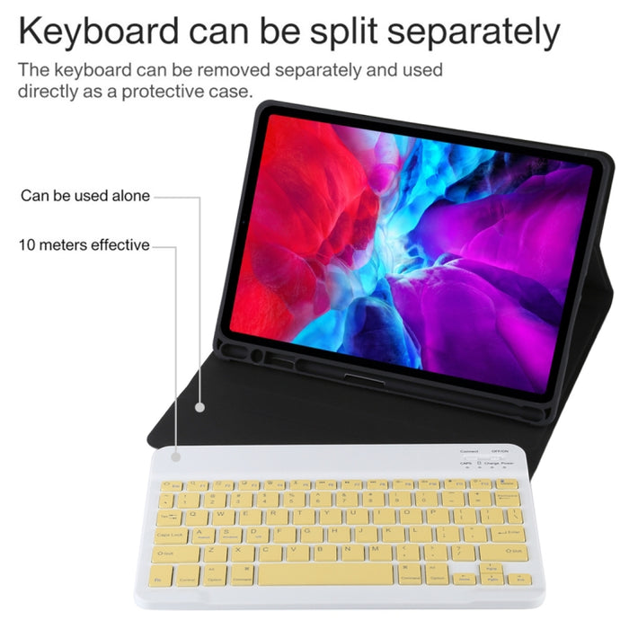 TG11B Teclado amarillo Bluetooth desmontable + Funda de cuero de microfibra para tableta para iPad Pro de 11 pulgadas (2020), con ranura para bolígrafo y soporte