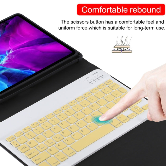 TG11B Teclado amarillo Bluetooth desmontable + Funda de cuero de microfibra para tableta para iPad Pro de 11 pulgadas (2020), con ranura para bolígrafo y soporte
