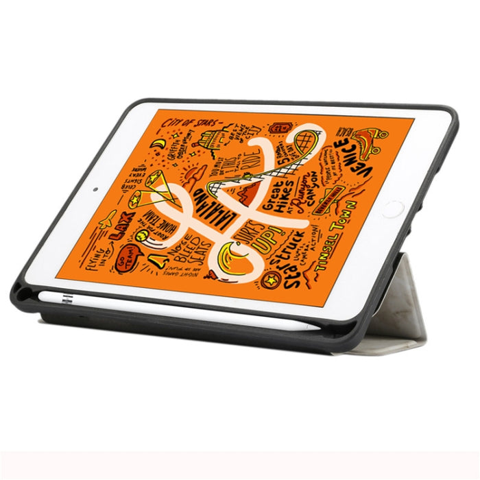 Funda de cuero con tapa horizontal con patrón de textura de mármol para iPad Mini 2019, con soporte plegable triple y ranura para bolígrafo y función de suspensión/activación