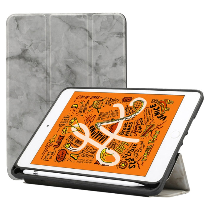 Funda de cuero con tapa horizontal con patrón de textura de mármol para iPad Mini 2019, con soporte plegable triple y ranura para bolígrafo y función de suspensión/activación