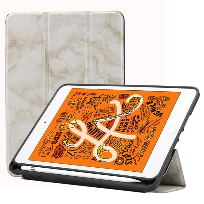 Funda de cuero con tapa horizontal con patrón de textura de mármol para iPad Mini 2019, con soporte plegable triple y ranura para bolígrafo y función de suspensión/activación