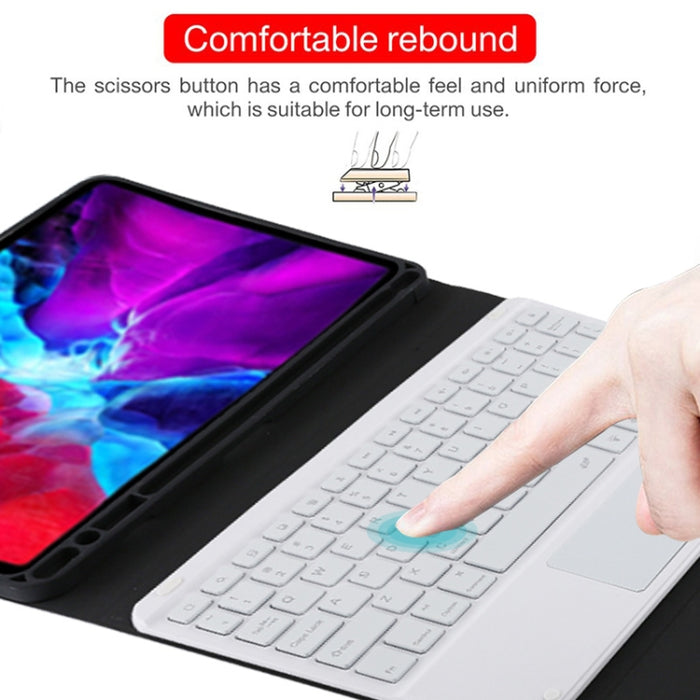 TG11BCS Funda para tableta de cuero de microfibra con teclado blanco Bluetooth desmontable para iPad Pro de 11 pulgadas (2020), con retroiluminación, panel táctil, ranura para bolígrafo y soporte