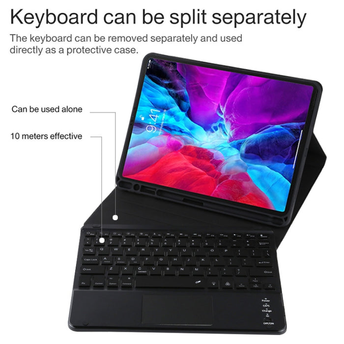 TG11BCS Funda para tableta de cuero de microfibra con teclado negro Bluetooth desmontable para iPad Pro de 11 pulgadas (2020), con retroiluminación, panel táctil, ranura para bolígrafo y soporte