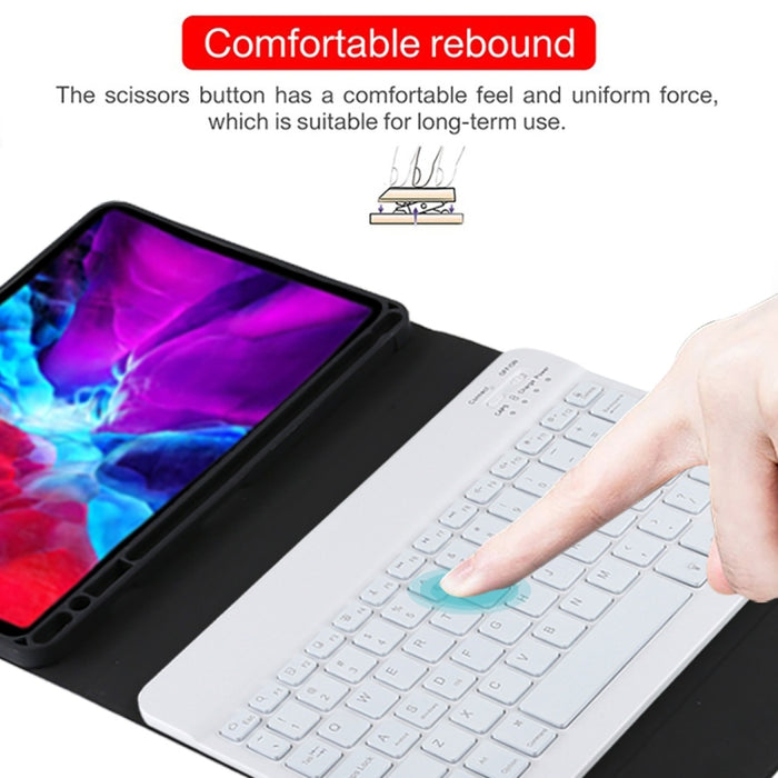 TG11BS Funda para tableta de cuero de microfibra con teclado blanco Bluetooth desmontable para iPad Pro de 11 pulgadas (2020), con retroiluminación, ranura para bolígrafo y soporte