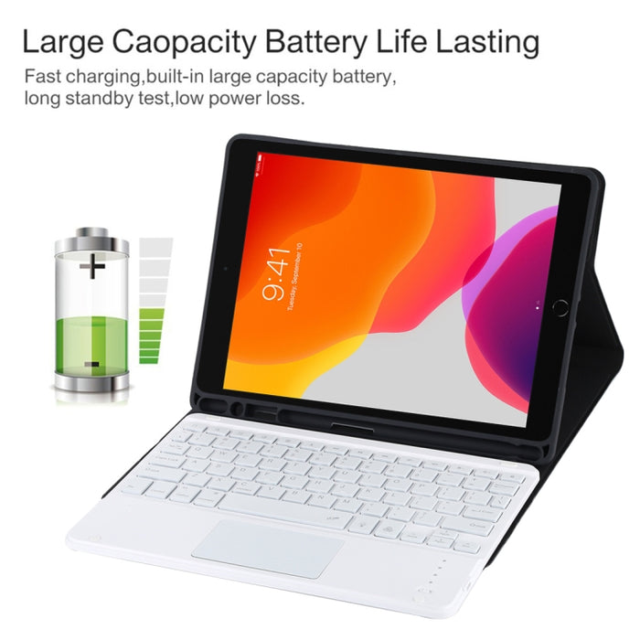 TG-102BCS Teclado blanco Bluetooth desmontable + Funda de cuero de microfibra para tableta para iPad de 10,2 pulgadas / iPad Air (2019), con panel táctil, retroiluminación, ranura para lápiz y soporte