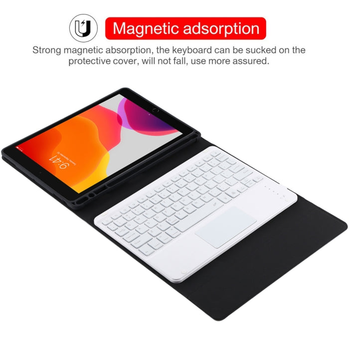TG-102BCS Teclado blanco Bluetooth desmontable + Funda de cuero de microfibra para tableta para iPad de 10,2 pulgadas / iPad Air (2019), con panel táctil, retroiluminación, ranura para lápiz y soporte