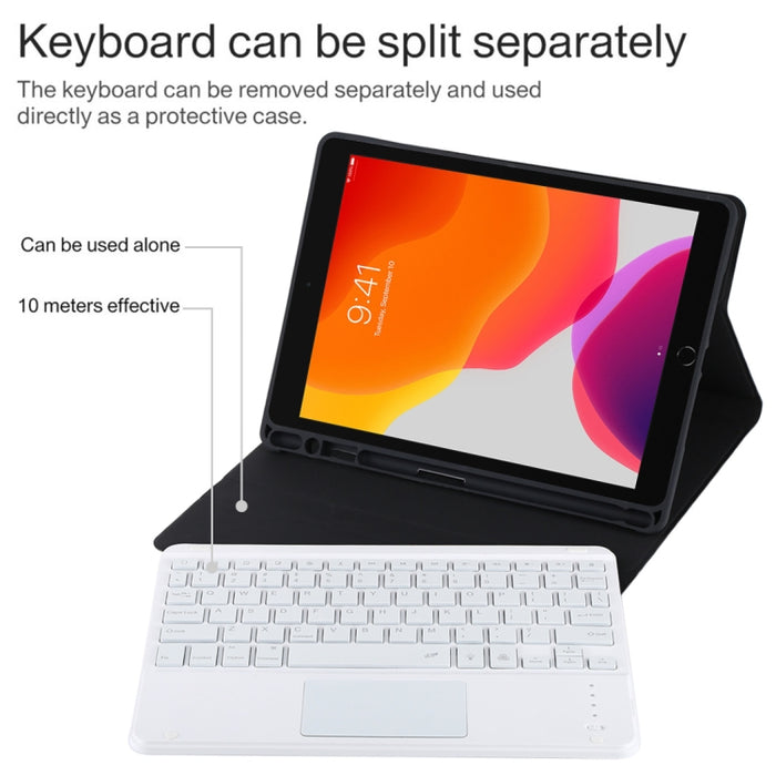 TG-102BCS Teclado blanco Bluetooth desmontable + Funda de cuero de microfibra para tableta para iPad de 10,2 pulgadas / iPad Air (2019), con panel táctil, retroiluminación, ranura para lápiz y soporte
