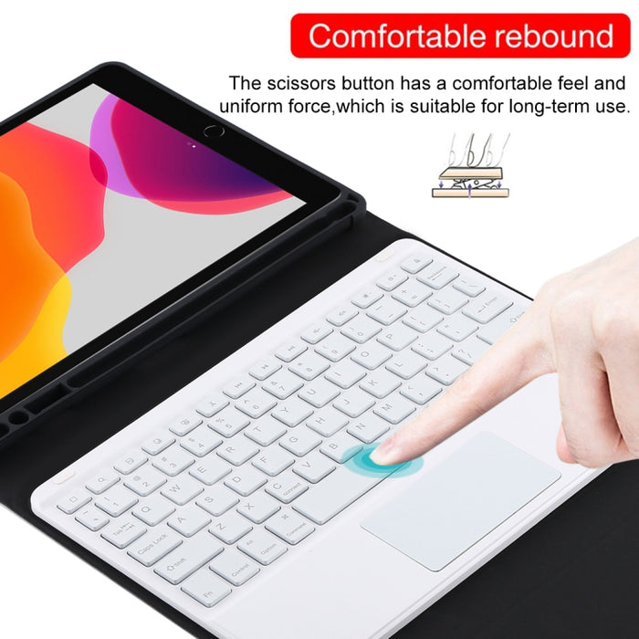 TG-102BCS Teclado blanco Bluetooth desmontable + Funda de cuero de microfibra para tableta para iPad de 10,2 pulgadas / iPad Air (2019), con panel táctil, retroiluminación, ranura para lápiz y soporte