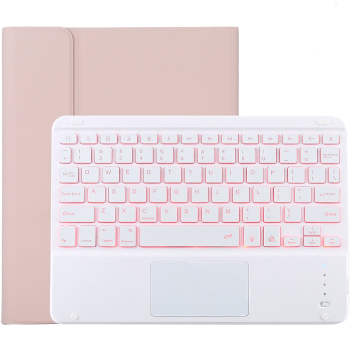 TG-102BCS Teclado blanco Bluetooth desmontable + Funda de cuero de microfibra para tableta para iPad de 10,2 pulgadas / iPad Air (2019), con panel táctil, retroiluminación, ranura para lápiz y soporte