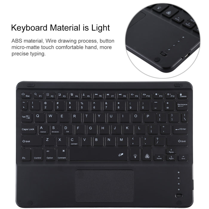 TG-102BCS Teclado negro Bluetooth desmontable + Funda de cuero de microfibra para tableta para iPad de 10,2 pulgadas / iPad Air (2019), con panel táctil, retroiluminación, ranura para bolígrafo y soporte